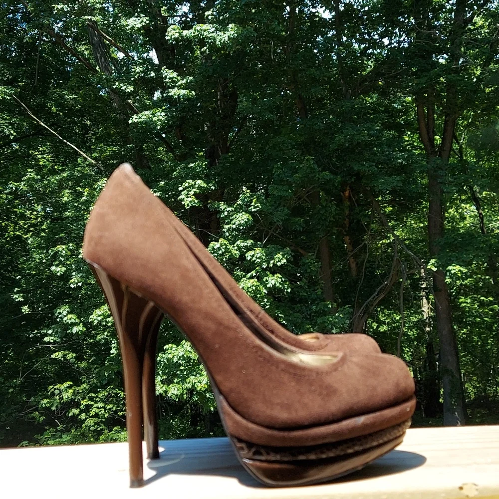 Vintage Fusion Brown faux suede Platform Slip-on Stilettos High Heels Sz 5 1/2
